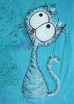 VEselé, vtipné ručně malované tričko tyrkysové barvy s velkou modrou kočkou. velikos xl