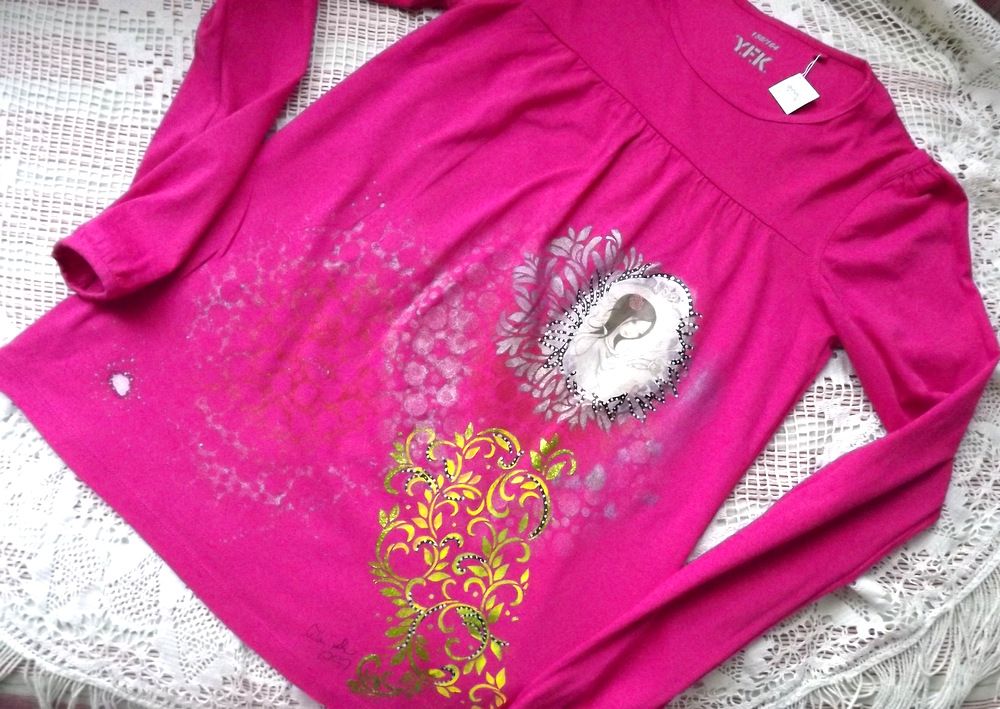 Růžová- ručně dekorované tričko s dlouhým rukávem a santoro dívkou velikost 158/164