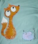 Ručně malované světle tyrkysové bavlněné triko s krátkým rukávem a malovanou liškou a myškou velikost XL
