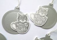 Stříbrné jmenovky na dárky s ručním tiskem kočičky v hrnečku