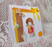 Malá čarodějka - plastiké přání (blahopřání) s dívenkou, kočičkami,dýní a lektvarem cardmaking