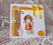 Malá čarodějka - plastiké přání (blahopřání) s dívenkou, kočičkami,dýní a lektvarem cardmaking