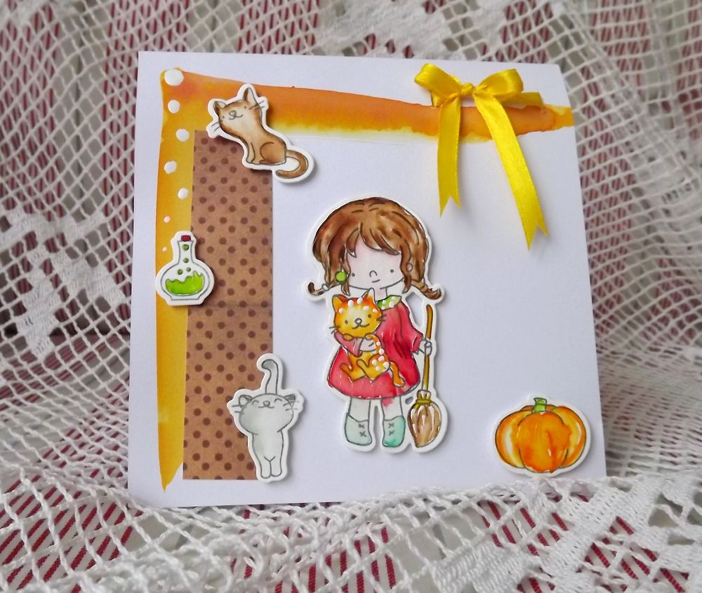 Malá čarodějka - plastiké přání (blahopřání) s dívenkou, kočičkami,dýní a lektvarem cardmaking