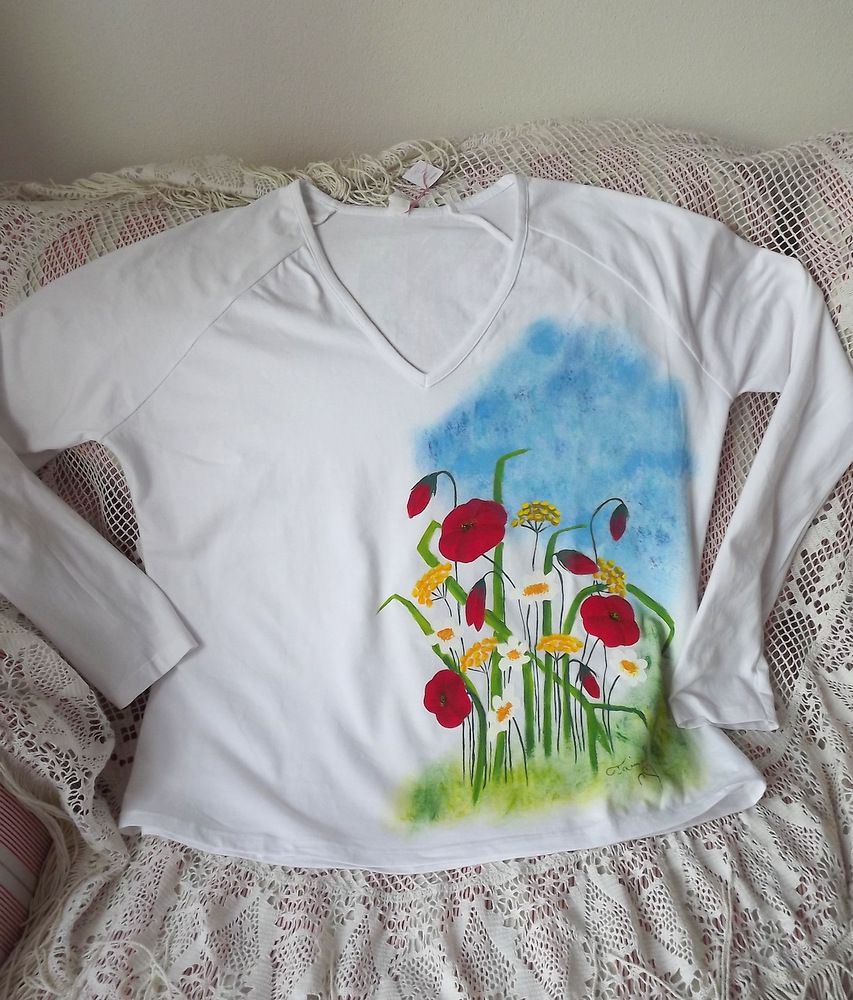 Louka s nebem - ručně malované romantické tričko s lučními květy - velikost XXL - dlouhý rukáv