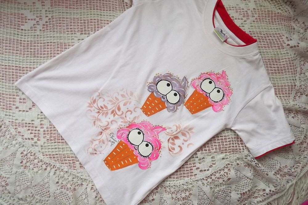 Více růžové Veselé zmrzlinky - bílé bavlněné tričko s krátkým rukávem a vrstveným efektem - velikost 128