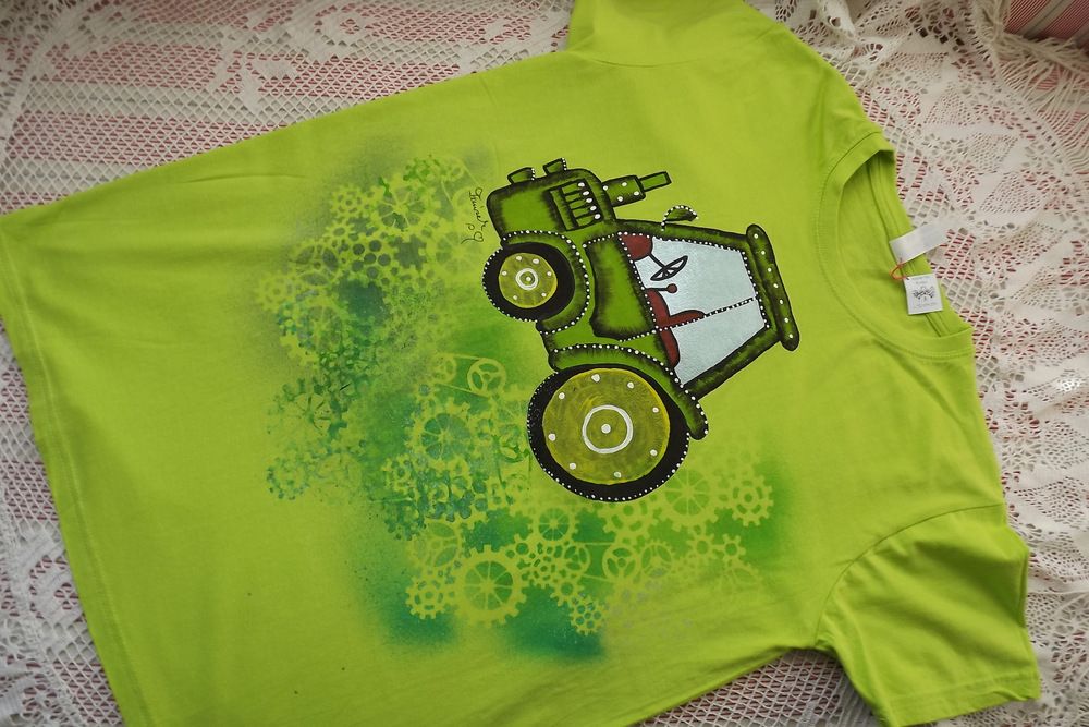 Traktor Ručně malované zelené tričko s krátkým rukávem, 100% bavlna