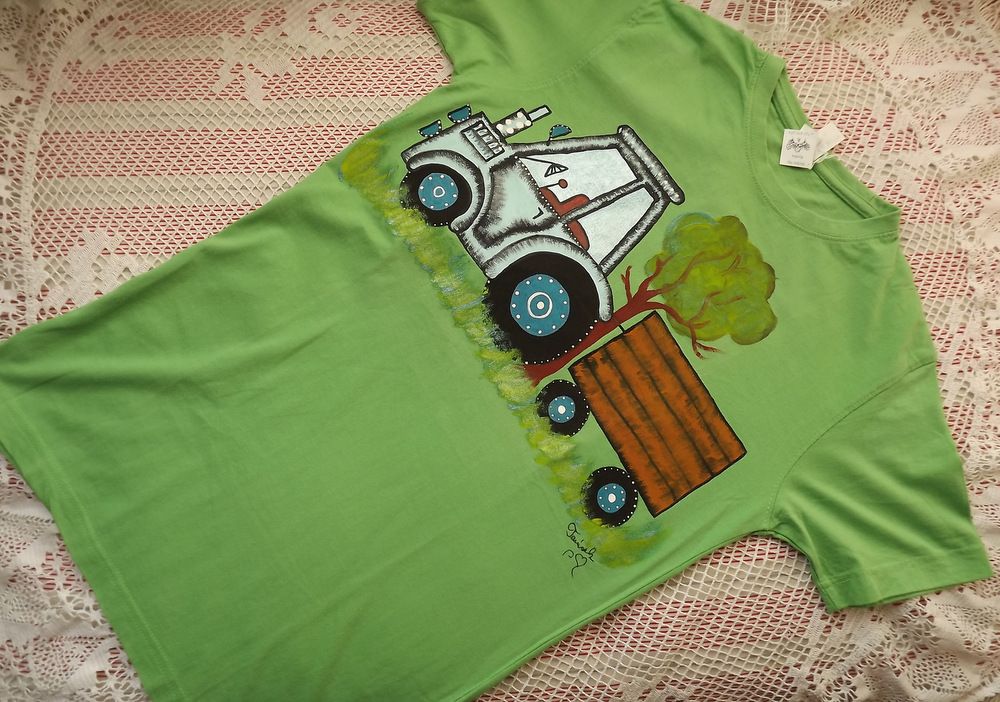 Ručně malované zelené tričko s krátkým rukávem, 100% bavlna, modrý traktor s valníkem