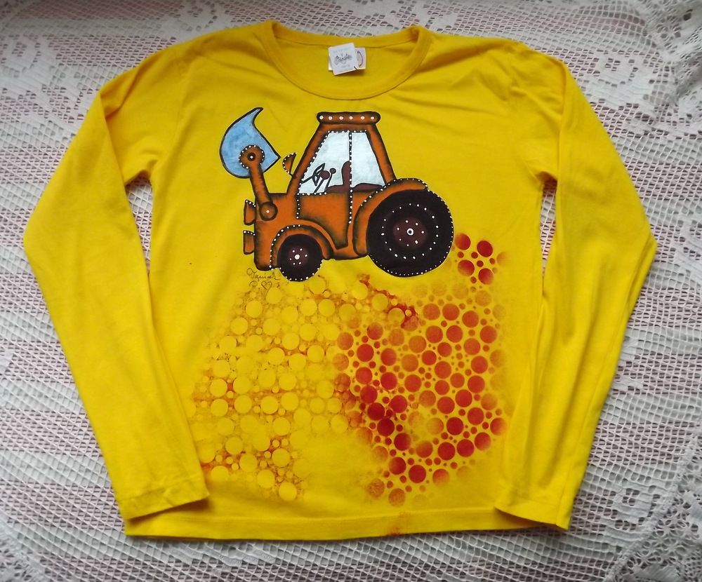 Žluté tričko 1  bagrem - ručně malované s dlouhým rukávem, bavlněné velikost 140