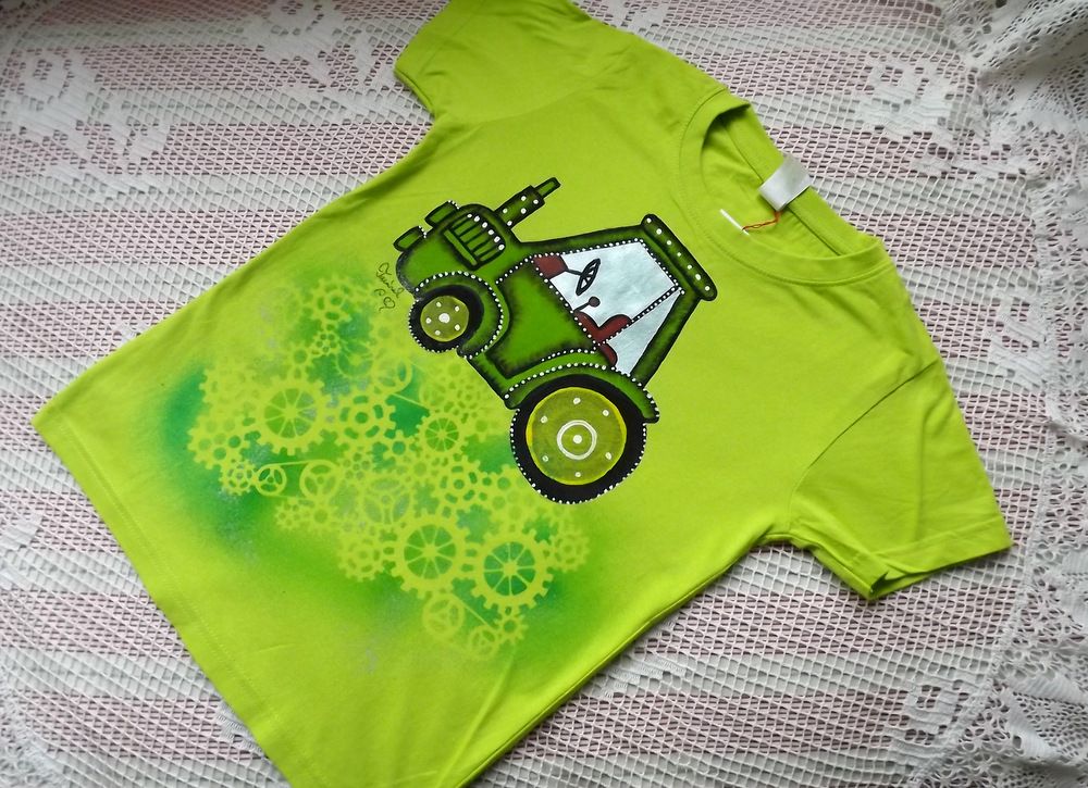 Zelený 1. - ručně malovaný traktor na zeleném bavlněném tričku velikost 134