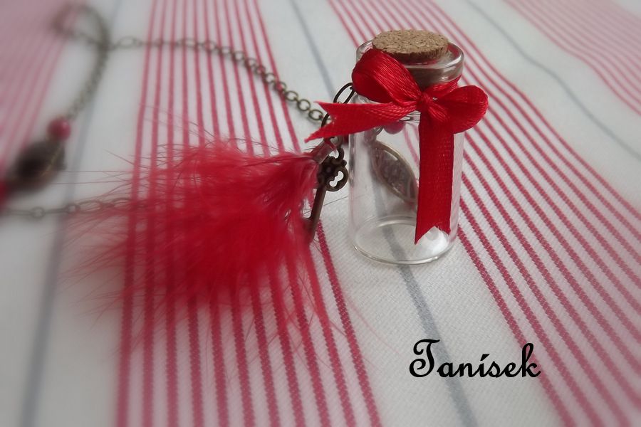 Romantický náhrdelník pro dívku, ženu, s mašličkou, peříčkem, červená barva, kytička, klíček, skleněná lahvička s korkovou zátkou. Originální,jedinečný dárek Veronika "Tanísek" Kocková