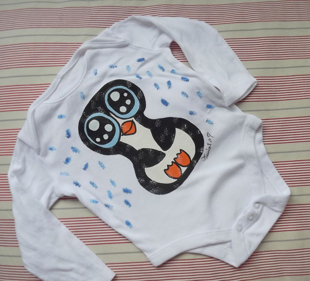 ručně malovaný tučňák - cute, roztomilý, pro děti - bílé body 100% bavlna, dlouhý rukáv, velikost 74, 6-9 měsíců Veronika "Tanísek" Kocková