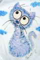 Ručně malované bílé body s dlouhým rukávem - modrofialová veselá okatá kočka kočička velikost 62 Veronika "Tanísek" Kocková