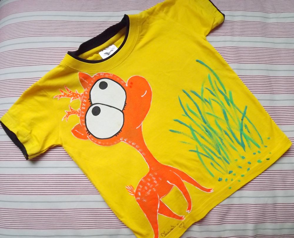 Oranžový jelínek - 100% bavlněné žluté tričko ručně malované s krátkým rukávem - velikost 116 Veronika "Tanísek" Kocková