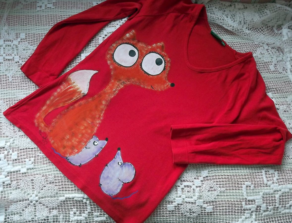 Červené triko dlouhý rukáv 100% bavlna - ručně malované - liška a myška, myšky, cute Veronika "Tanísek" Kocková