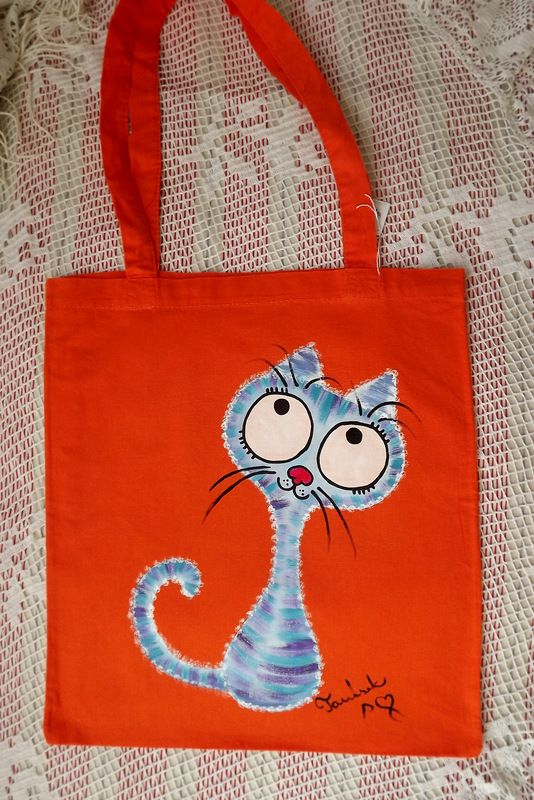 Kočičky - tašky malované, látkové - Modrá na oranžové Veronika "Tanísek" Kocková