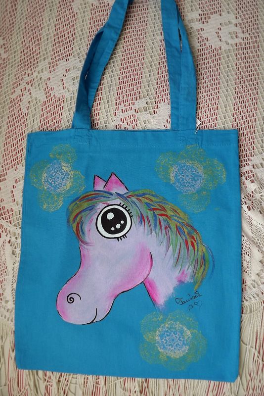 Koník poník - taška malovaná, látková - Modrá s růžovým koněm Veronika "Tanísek" Kocková