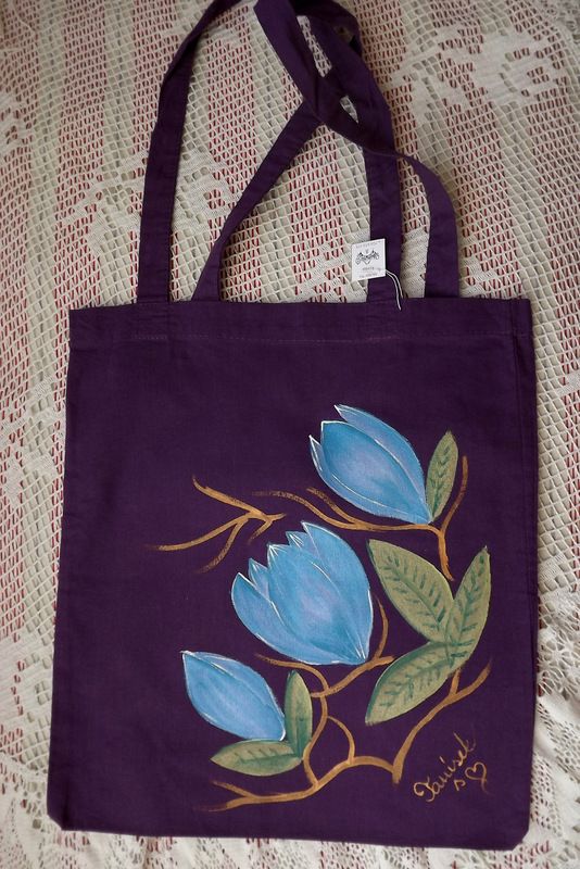 Třpytivé magnolie - barevné tašky - 100% bavlněné - Fialová s modrými Veronika "Tanísek" Kocková