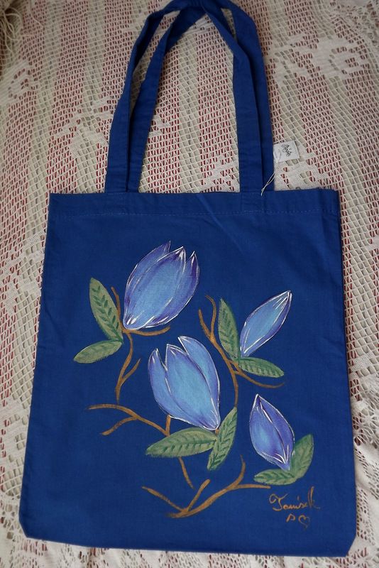 Třpytivé magnolie - barevné tašky - 100% bavlněné - Modrá s fialovými Veronika "Tanísek" Kocková