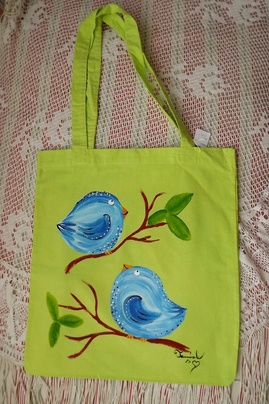 Buclatí ptáčci - barevné tašky - žluté a zelené - Modří ptáčci na zelené Veronika "Tanísek" Kocková
