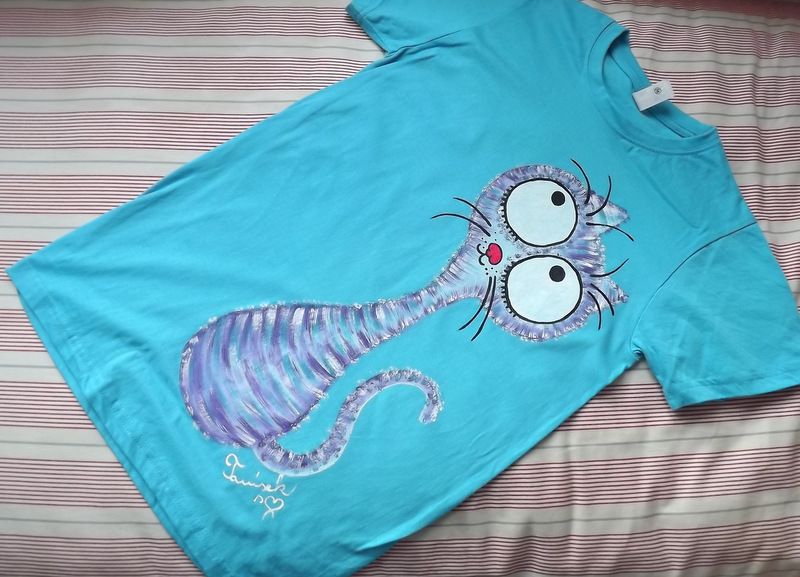 Fialovomodrá kočička kr xS -Světlemodré tričko s krátkými rukávy 100% bavlna - ručně malované - kočka, kocour, koťátko cute, Veronika "Tanísek" Kocková