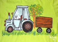 Zelené tričko s modrým traktorem S - Ručně malované tričko s krátkým rukávem světle zelené. Mamalovaný traktor s valníkem. Ručně malované. Veronika "Tanísek" Kocková
