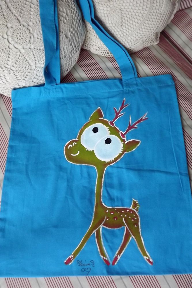 ekologická tyrkysová taška s malovaným jelenem