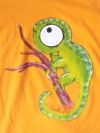 Zelený chameleon na oranžovém tričku velikost 122, 7 let